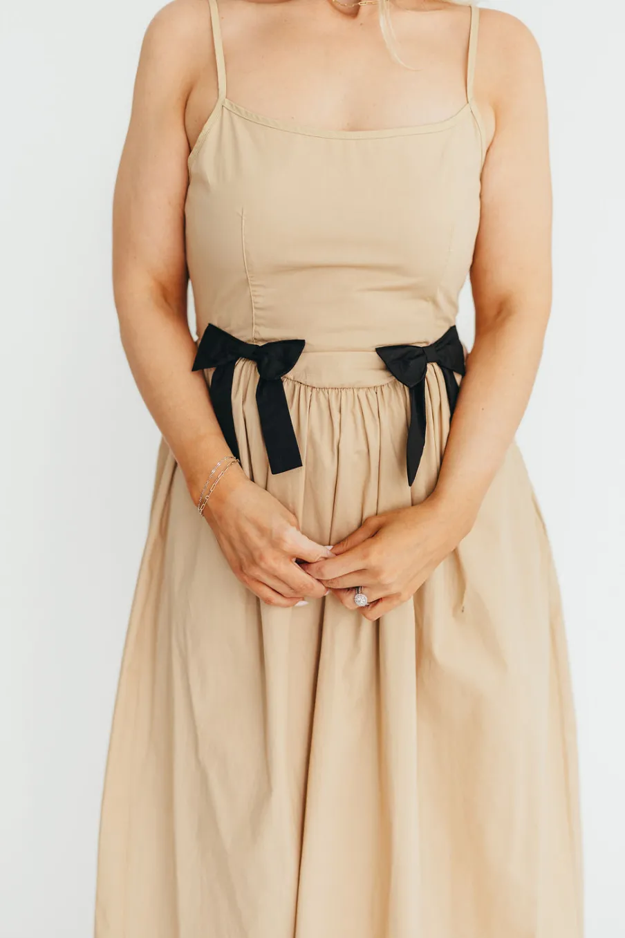Hot Worth Collective Celeste Square Neck Midi Dress with Bow Detail in Khaki