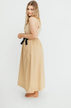 Hot Worth Collective Celeste Square Neck Midi Dress with Bow Detail in Khaki
