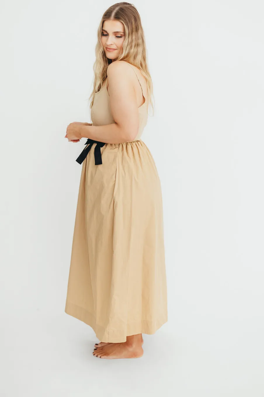 Hot Worth Collective Celeste Square Neck Midi Dress with Bow Detail in Khaki