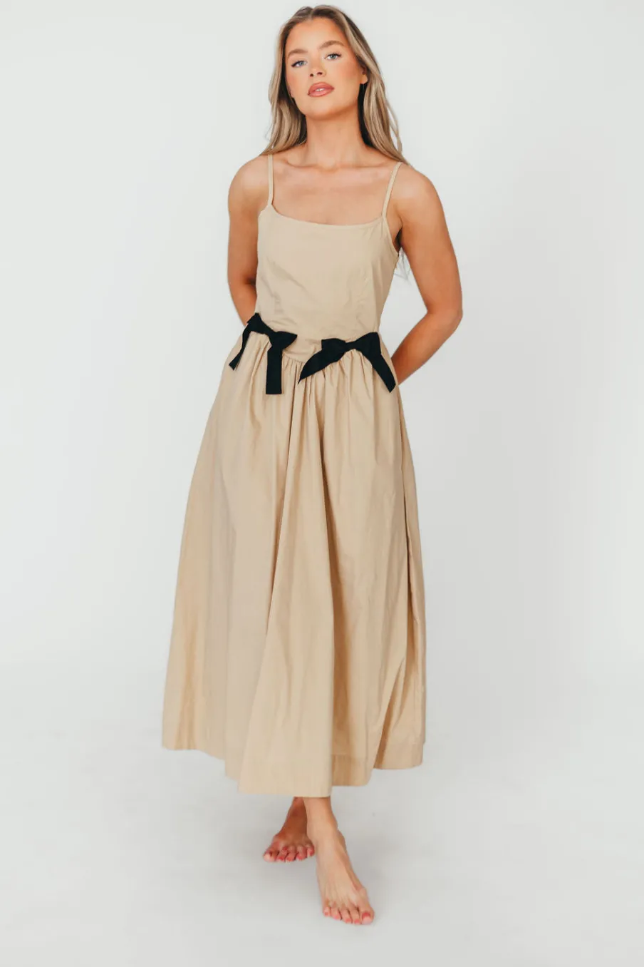 Hot Worth Collective Celeste Square Neck Midi Dress with Bow Detail in Khaki