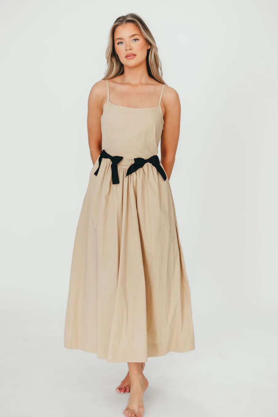 Hot Worth Collective Celeste Square Neck Midi Dress with Bow Detail in Khaki