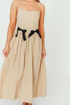 Hot Worth Collective Celeste Square Neck Midi Dress with Bow Detail in Khaki