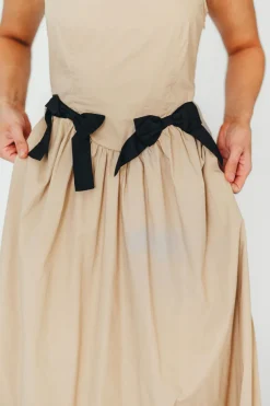Hot Worth Collective Celeste Square Neck Midi Dress with Bow Detail in Khaki