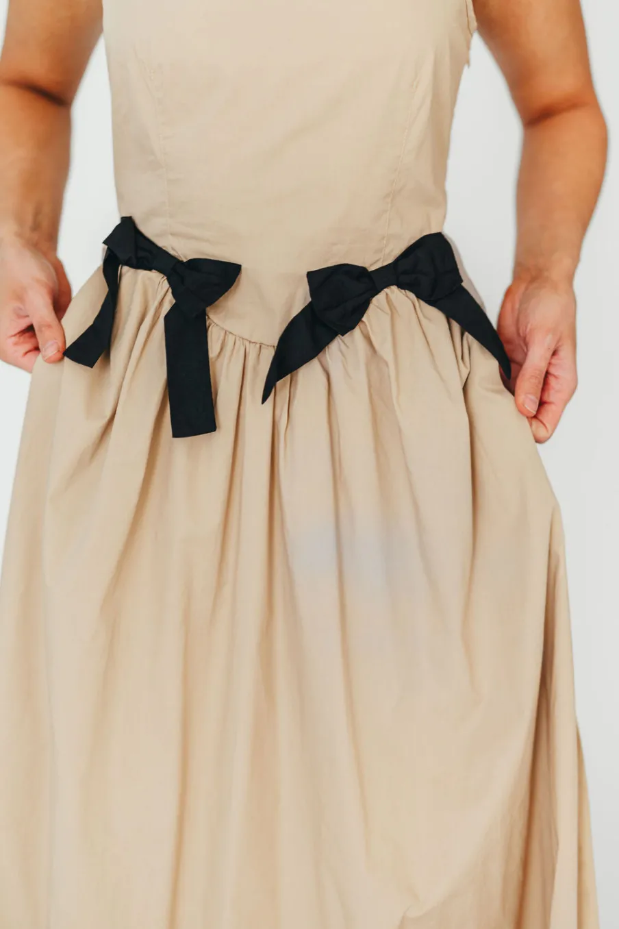 Hot Worth Collective Celeste Square Neck Midi Dress with Bow Detail in Khaki