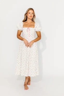 Sale Worth Collective Charlotte Cotton Puff Sleeve Midi Dress in Cream/Pink Floral
