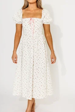Sale Worth Collective Charlotte Cotton Puff Sleeve Midi Dress in Cream/Pink Floral