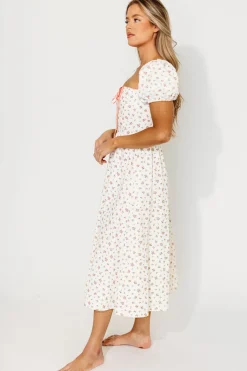 Sale Worth Collective Charlotte Cotton Puff Sleeve Midi Dress in Cream/Pink Floral