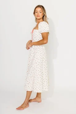 Sale Worth Collective Charlotte Cotton Puff Sleeve Midi Dress in Cream/Pink Floral