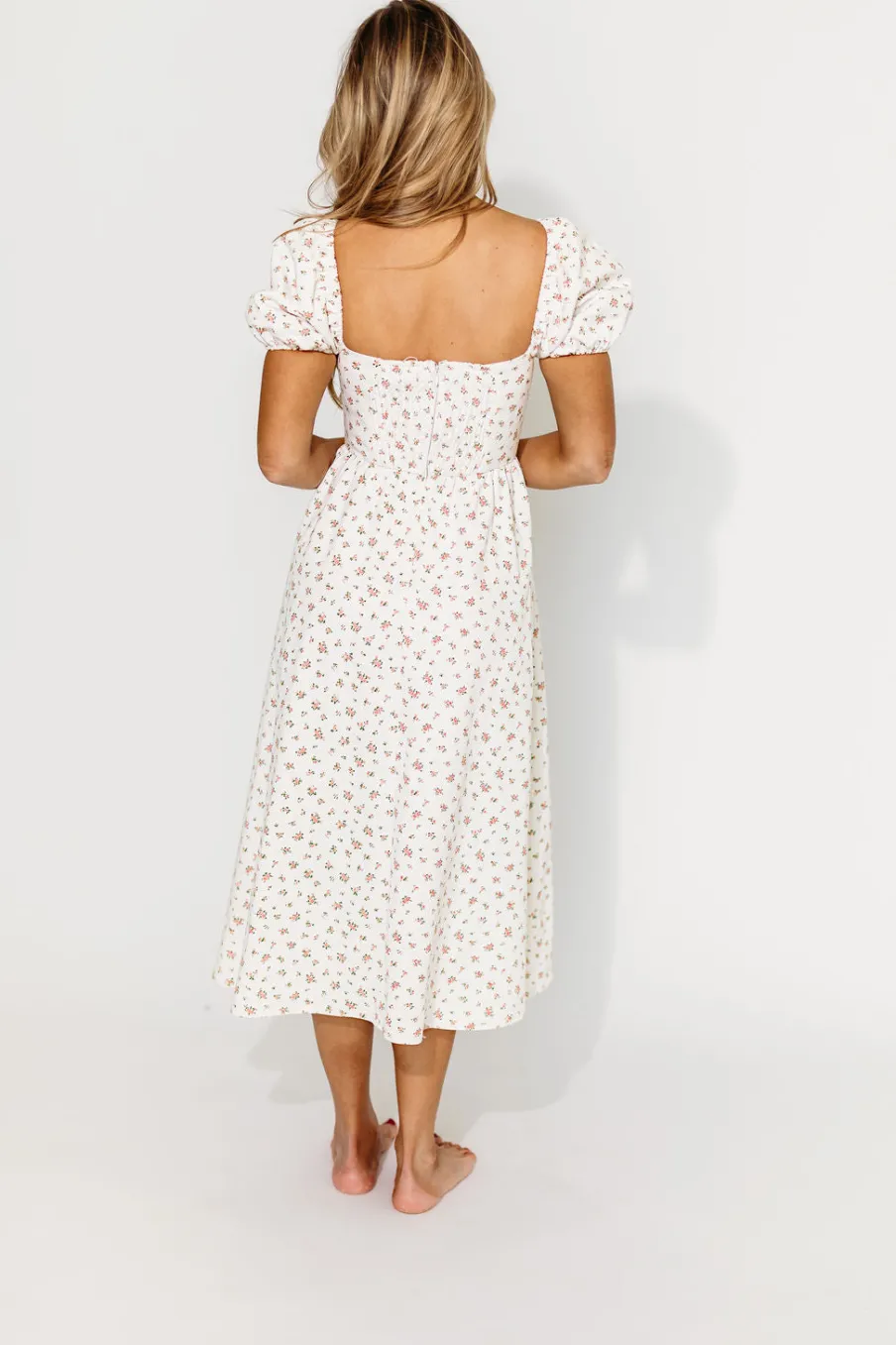 Sale Worth Collective Charlotte Cotton Puff Sleeve Midi Dress in Cream/Pink Floral