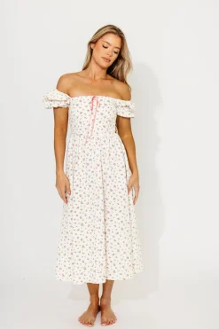 Sale Worth Collective Charlotte Cotton Puff Sleeve Midi Dress in Cream/Pink Floral
