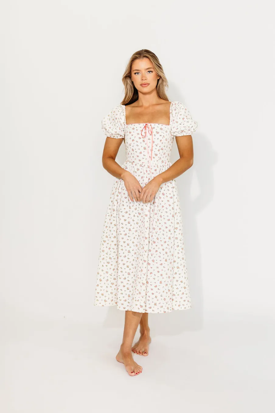 Sale Worth Collective Charlotte Cotton Puff Sleeve Midi Dress in Cream/Pink Floral