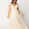 Online Worth Collective Charming Floral & Gingham Ruffled Maxi Dress in Cream/Peach Floral