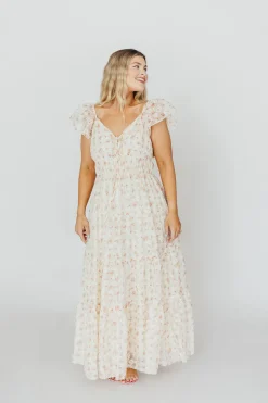 Online Worth Collective Charming Floral & Gingham Ruffled Maxi Dress in Cream/Peach Floral