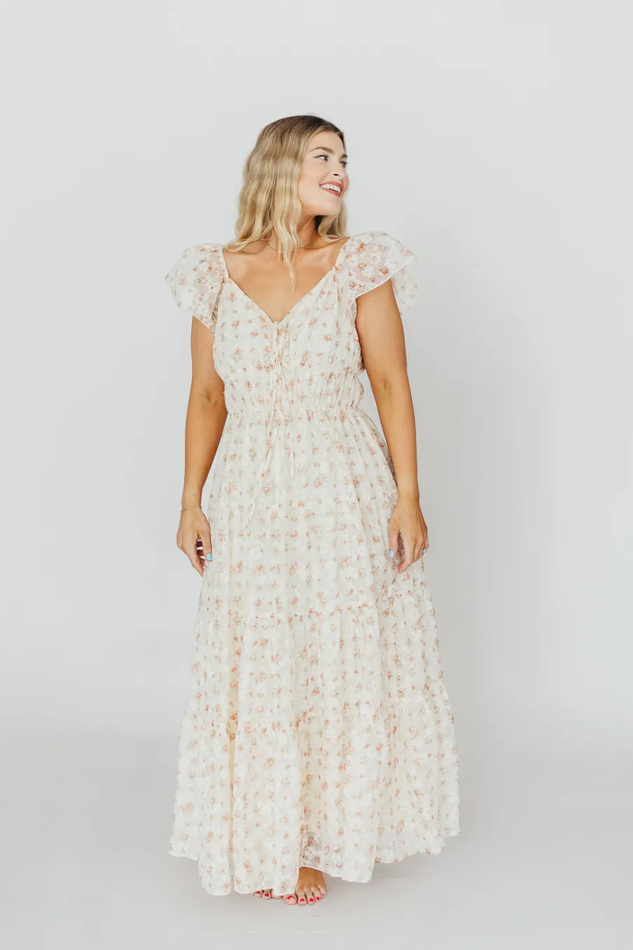 Online Worth Collective Charming Floral & Gingham Ruffled Maxi Dress in Cream/Peach Floral