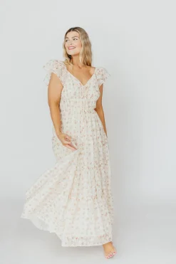 Online Worth Collective Charming Floral & Gingham Ruffled Maxi Dress in Cream/Peach Floral