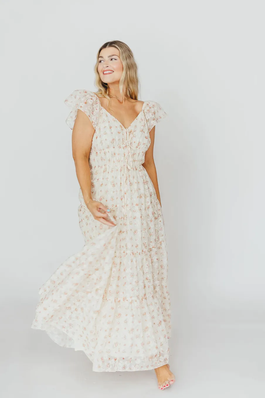 Online Worth Collective Charming Floral & Gingham Ruffled Maxi Dress in Cream/Peach Floral