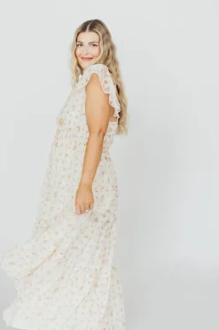 Online Worth Collective Charming Floral & Gingham Ruffled Maxi Dress in Cream/Peach Floral