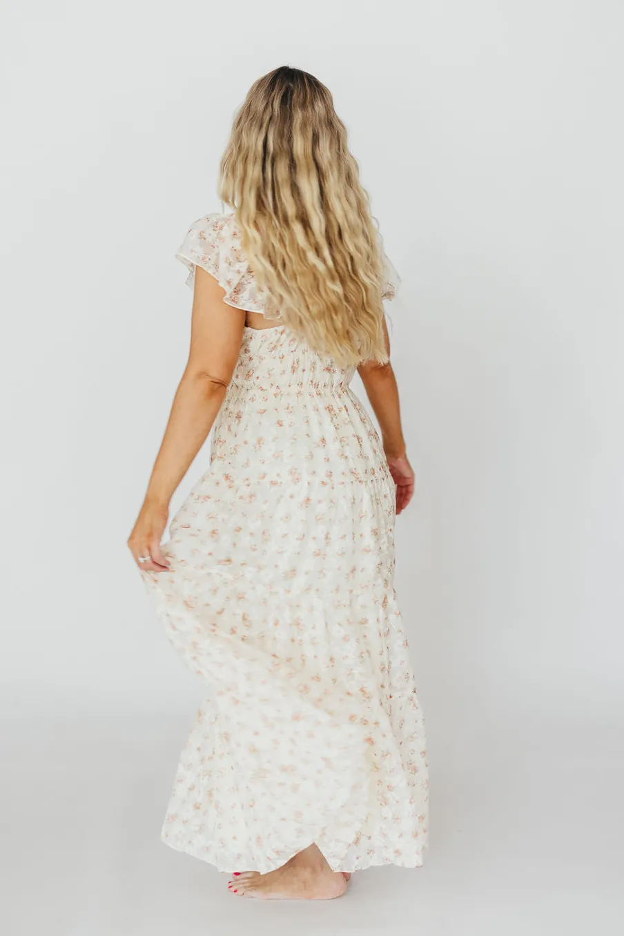 Online Worth Collective Charming Floral & Gingham Ruffled Maxi Dress in Cream/Peach Floral