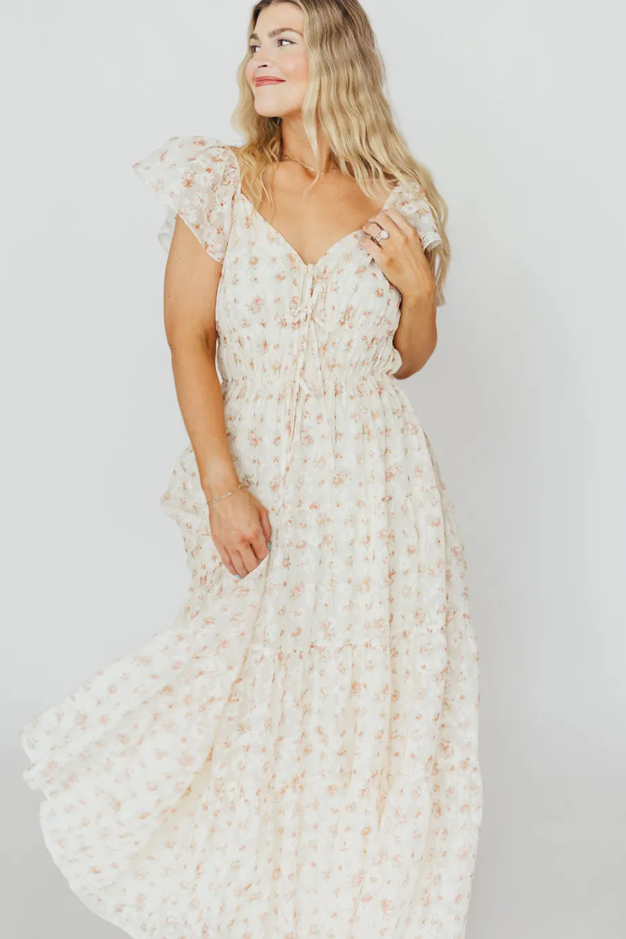 Online Worth Collective Charming Floral & Gingham Ruffled Maxi Dress in Cream/Peach Floral