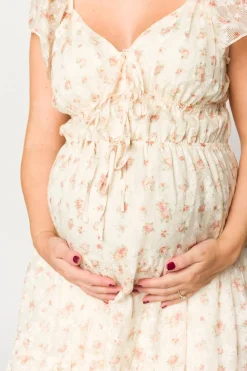 Online Worth Collective Charming Floral & Gingham Ruffled Maxi Dress in Cream/Peach Floral