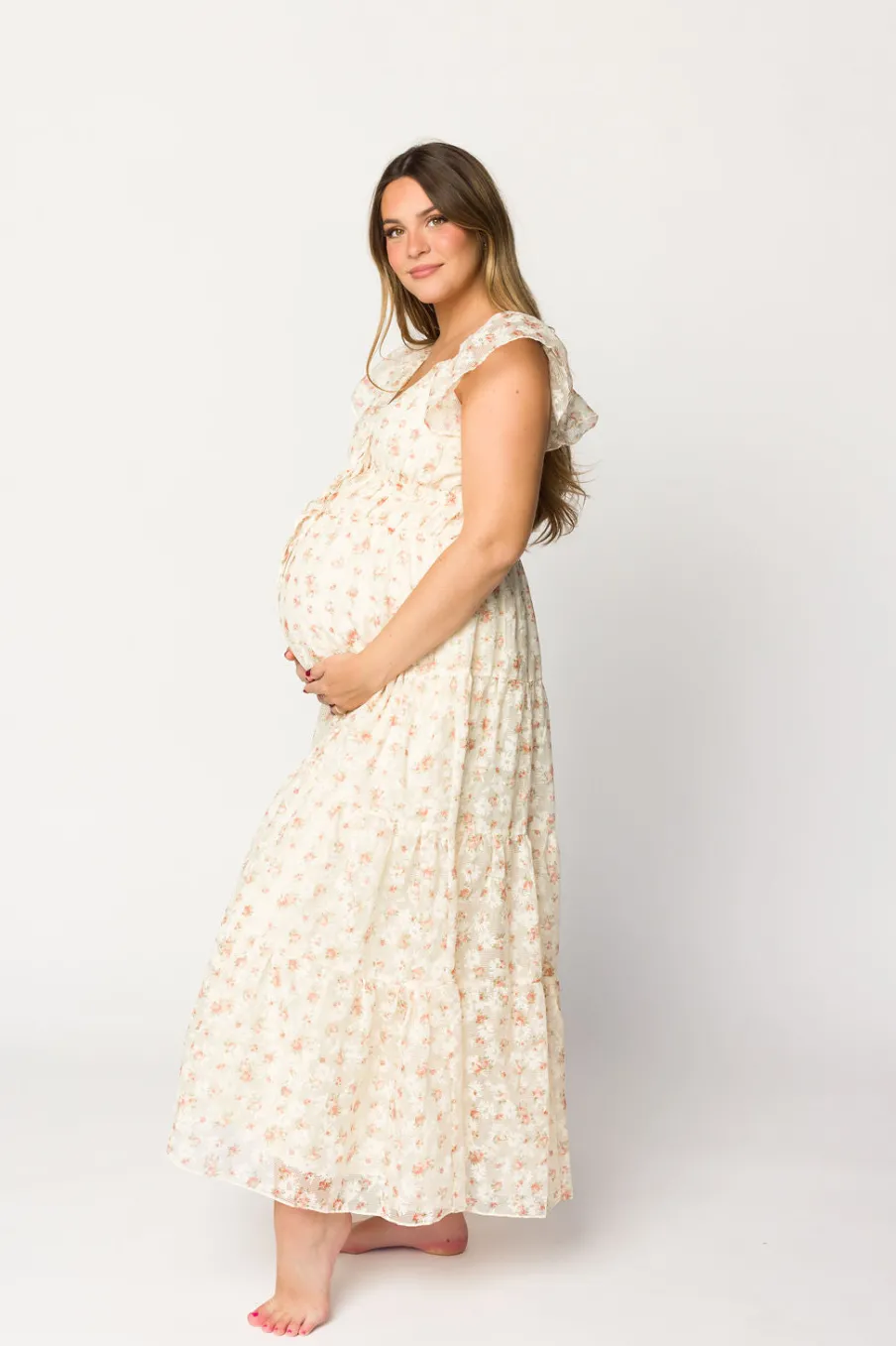 Online Worth Collective Charming Floral & Gingham Ruffled Maxi Dress in Cream/Peach Floral