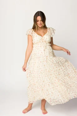 Online Worth Collective Charming Floral & Gingham Ruffled Maxi Dress in Cream/Peach Floral