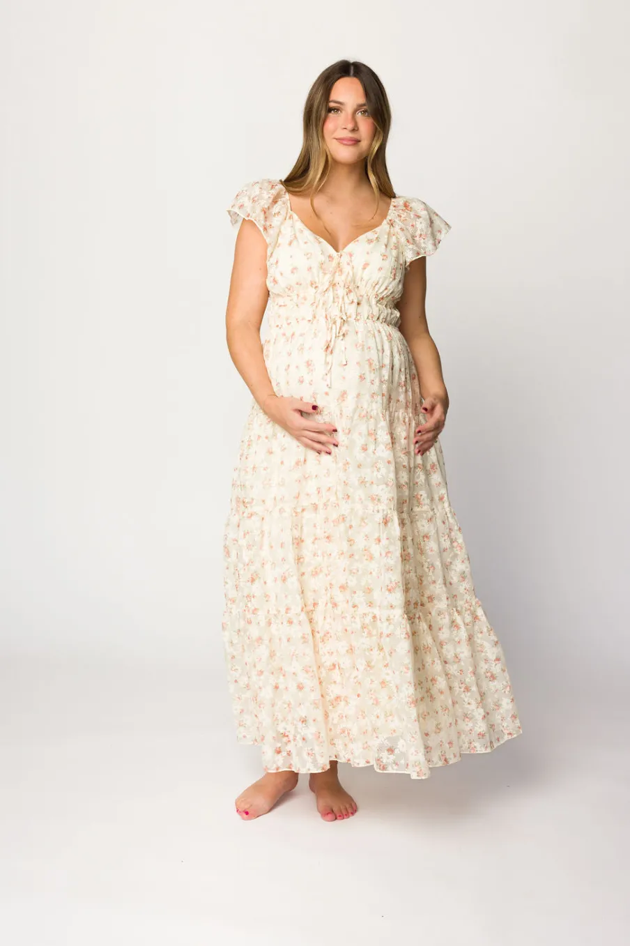 Online Worth Collective Charming Floral & Gingham Ruffled Maxi Dress in Cream/Peach Floral