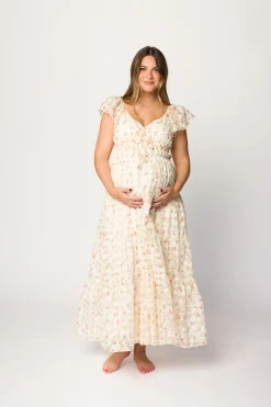 Online Worth Collective Charming Floral & Gingham Ruffled Maxi Dress in Cream/Peach Floral