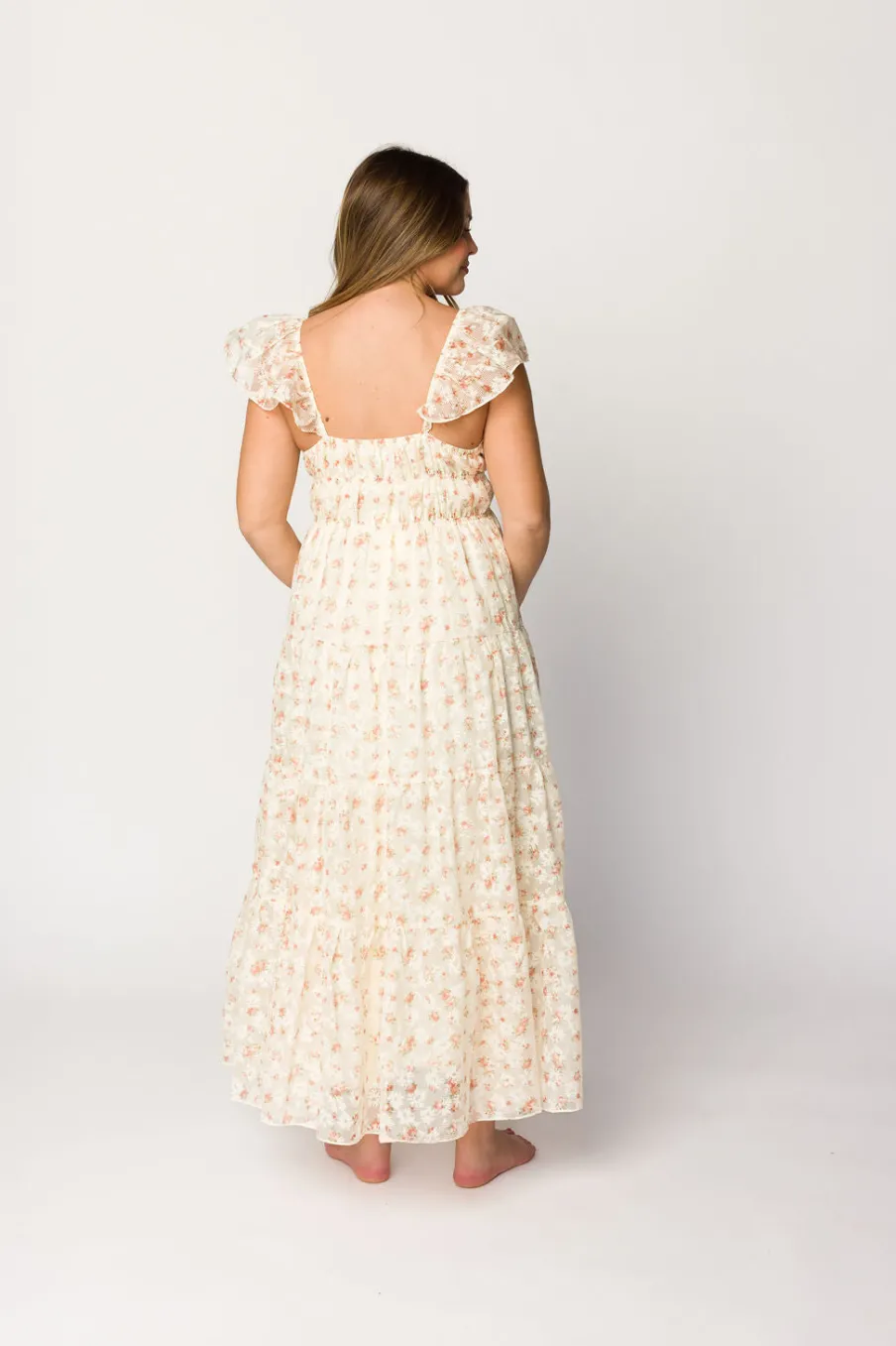 Online Worth Collective Charming Floral & Gingham Ruffled Maxi Dress in Cream/Peach Floral