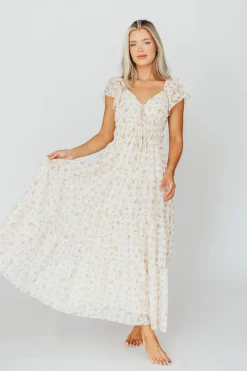 Online Worth Collective Charming Floral & Gingham Ruffled Maxi Dress in Cream/Peach Floral