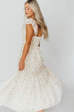 Online Worth Collective Charming Floral & Gingham Ruffled Maxi Dress in Cream/Peach Floral