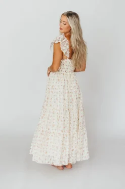 Online Worth Collective Charming Floral & Gingham Ruffled Maxi Dress in Cream/Peach Floral