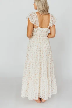 Online Worth Collective Charming Floral & Gingham Ruffled Maxi Dress in Cream/Peach Floral