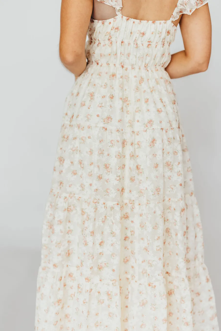 Online Worth Collective Charming Floral & Gingham Ruffled Maxi Dress in Cream/Peach Floral