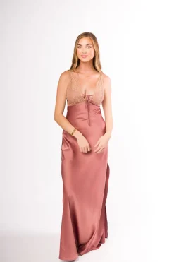 Hot Worth Collective Christina Lace & Satin Contrast Maxi Dress in Blushed Cashmere