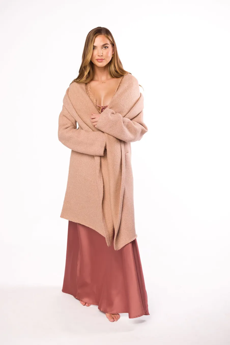 Hot Worth Collective Christina Lace & Satin Contrast Maxi Dress in Blushed Cashmere