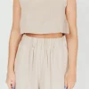 Hot Worth Collective Christy Linen-Blend Sleeveless Cropped Top in Sand