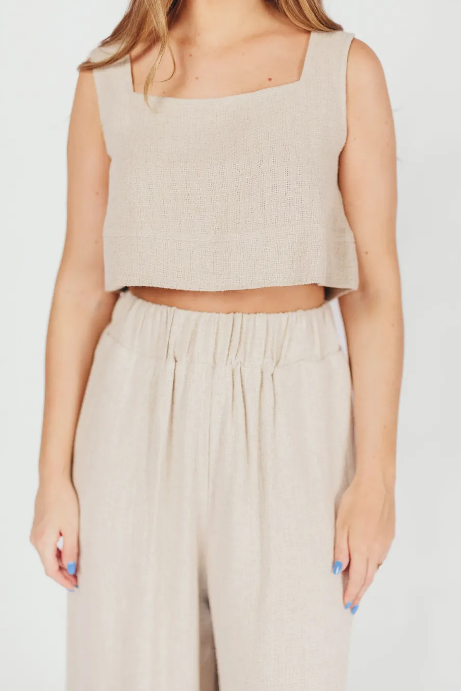Hot Worth Collective Christy Linen-Blend Sleeveless Cropped Top in Sand