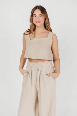 Hot Worth Collective Christy Linen-Blend Sleeveless Cropped Top in Sand