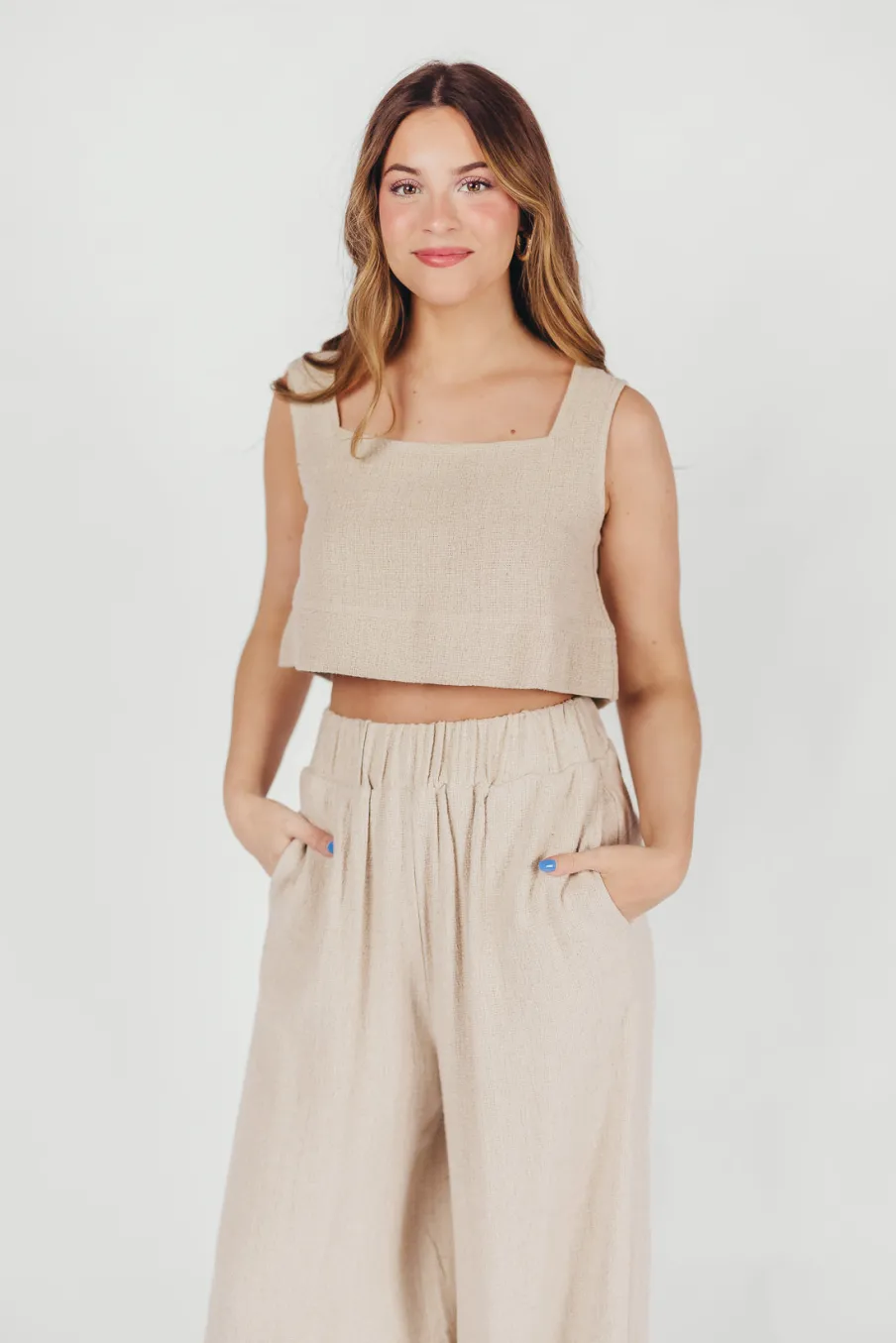 Hot Worth Collective Christy Linen-Blend Sleeveless Cropped Top in Sand