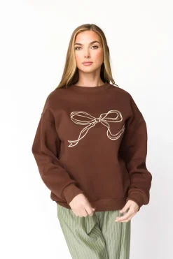Hot Worth Collective Claire Embroidered Bow Sweatshirt in Chocolate