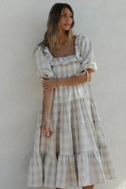 Online Worth Collective Clea Dress in Natural Plaid - Bump Friendly