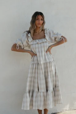 Online Worth Collective Clea Dress in Natural Plaid - Bump Friendly