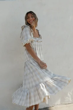 Online Worth Collective Clea Dress in Natural Plaid - Bump Friendly