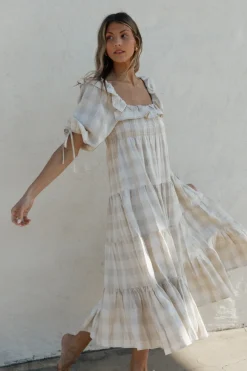 Online Worth Collective Clea Dress in Natural Plaid - Bump Friendly