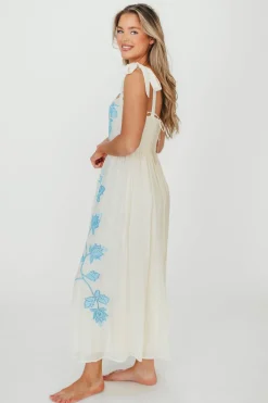 Hot Worth Collective Clementine Embroidered Midi Dress in Cream/Light Blue