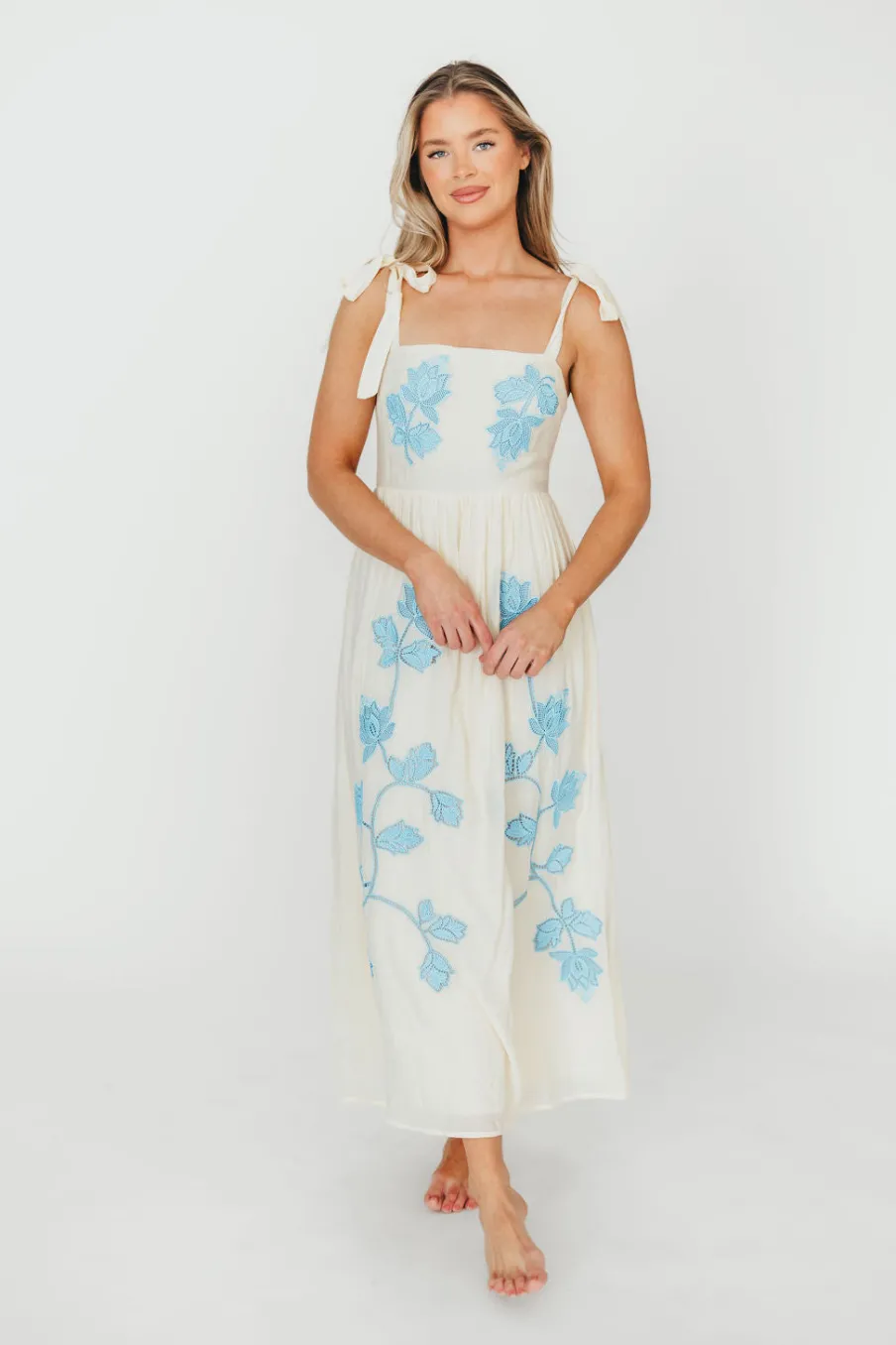 Hot Worth Collective Clementine Embroidered Midi Dress in Cream/Light Blue