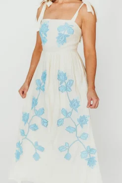 Hot Worth Collective Clementine Embroidered Midi Dress in Cream/Light Blue