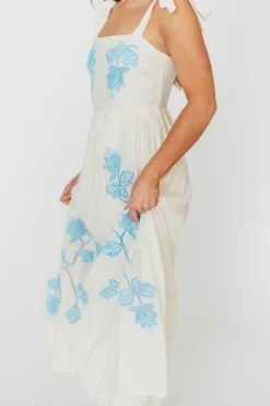 Hot Worth Collective Clementine Embroidered Midi Dress in Cream/Light Blue