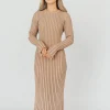 Clearance Worth Collective Colette Premium Long Sleeved Ribbed Knit Maxi Dress in Dark Natural -